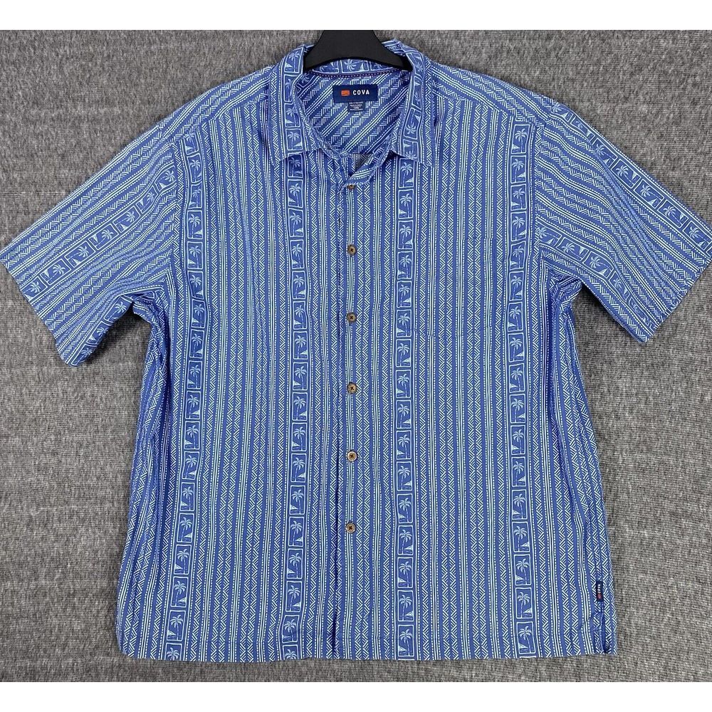 Cova Hawaiian Aloha Blue Button Up Camp Shirt Mens XXL🔥 56% Tensely 34% Cotton